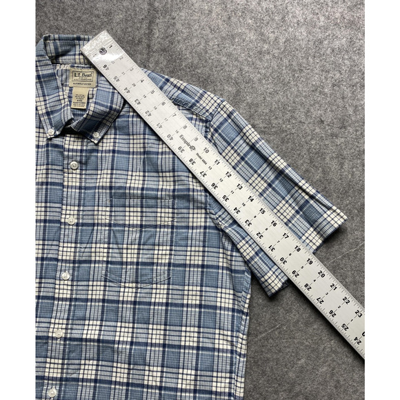 LL Bean Shirt Mens Medium Blue White Plaid Short Sleeve Button Down Stretch - Picture 5 of 12
